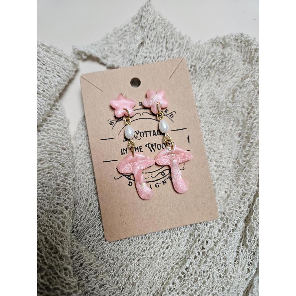 Handmade Polymer Clay Pink Mushroom and Flower Dangle Earrings with Pearl Accent